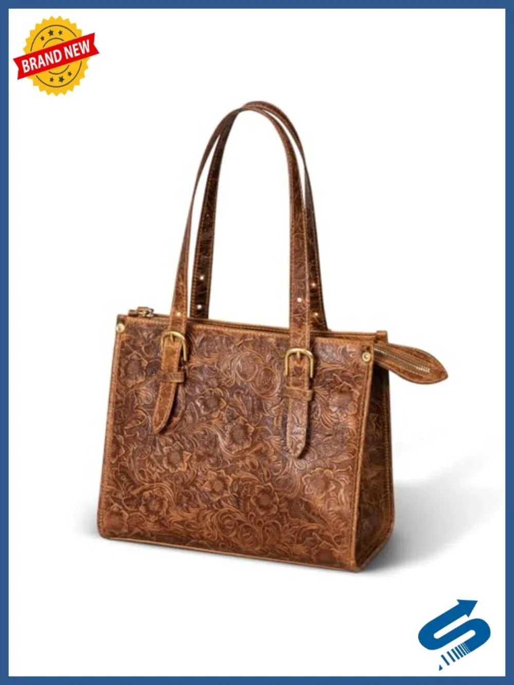 Genuine Full Grain Leather Tote Bag for Women Vintage Work Bag Floral Embossed